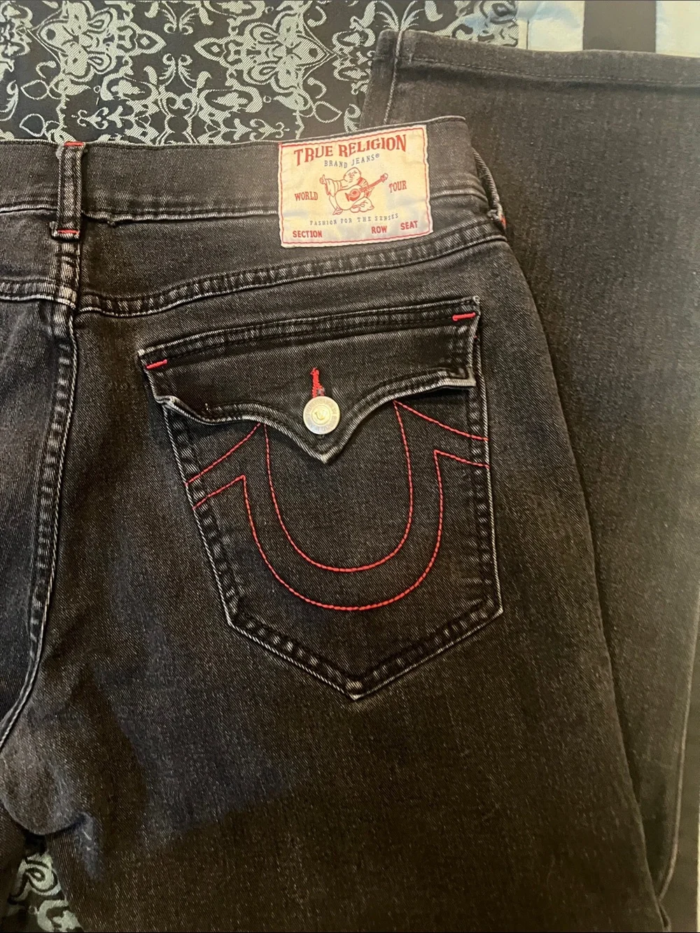 True Religion Black Jeans with Red Stitch Accents
